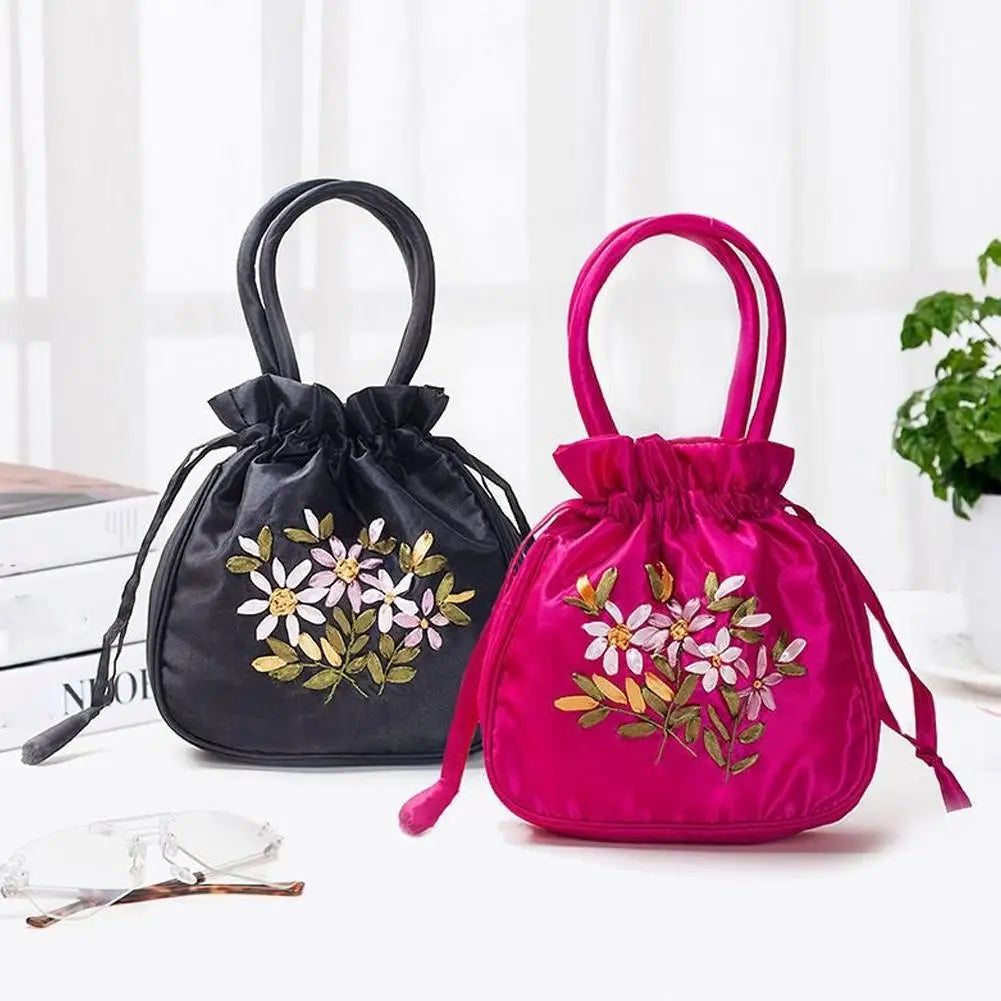 Women Bucket Bag Top Handle Ladies Handbag Phone Bag Summer Small Purse National Style Embroidered Flower Pattern Drawstring Bag