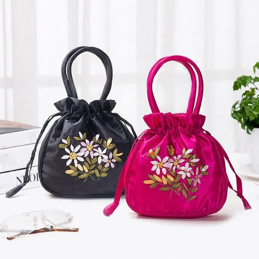 Women Bucket Bag Top Handle Ladies Handbag Phone Bag Summer Small Purse National Style Embroidered Flower Pattern Drawstring Bag