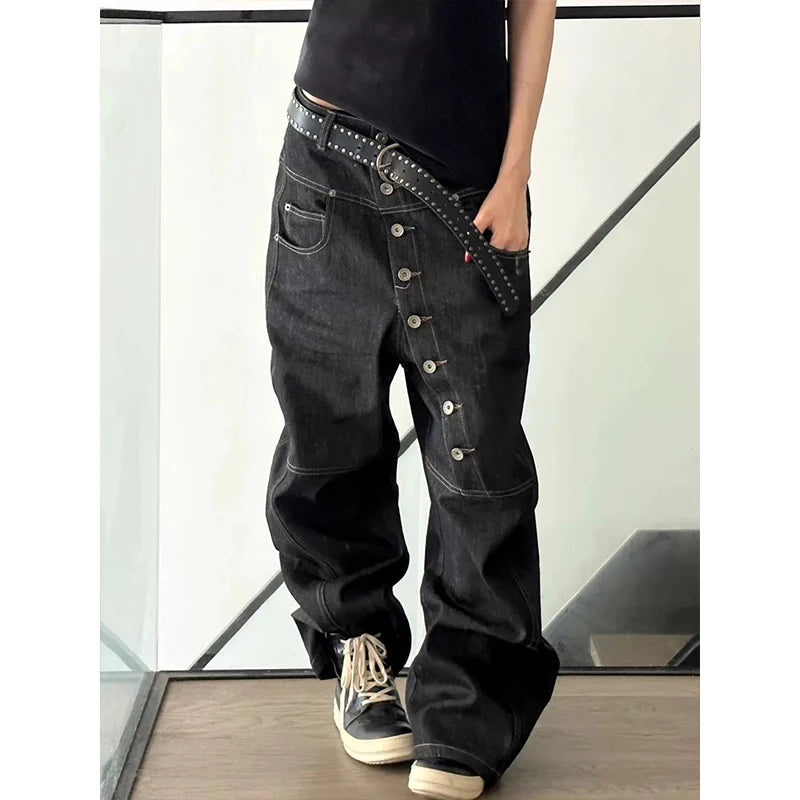 Personalized Jeans American High Street Curved Long Button Scimitar Women's Jeans Summer Loose Wide-Leg Pants Trendy  Trousers