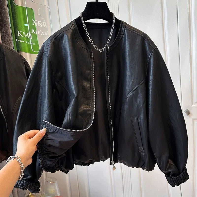 Women's Leather Coat 2026 Spring Autumn Comfortable Loose Slim Female Faux PU Outwear Round Neck Zipper Ladies Short Jacket