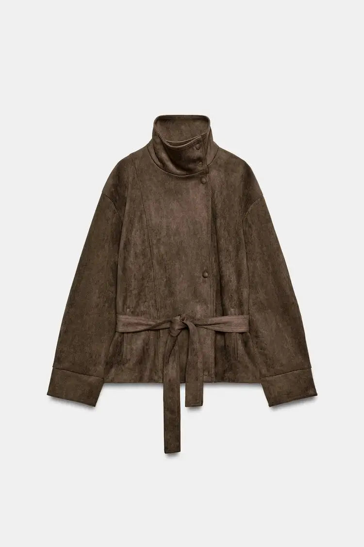 Women Brown Faux Suede Short Jacket Tie‑waist Long Sleeve Vintage Streetwear 2026 Lady New Autumn Winter Casual Outerwear Coat