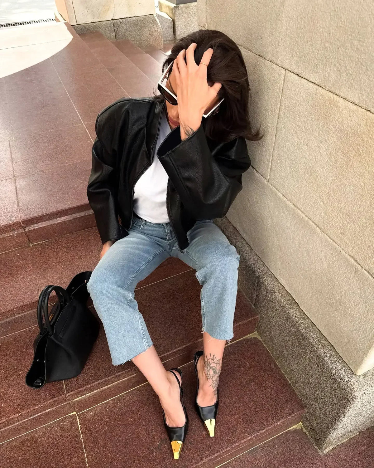 Black Short Leather Jacket Vintage Women's Stand Collar Full Sleeve V-neck Loose Jackets 2026 Lady  Autumn Casual Casual Outwear
