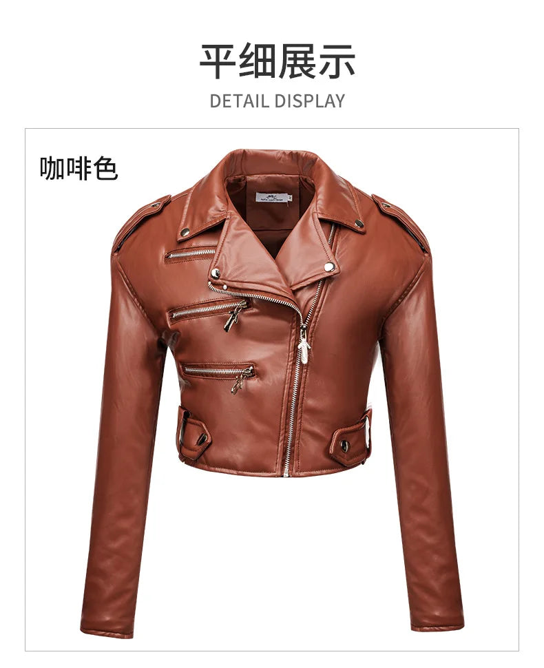 New Women slim short leather jacket plus cotton high waist long sleeve lapel diagonal zipper leather jacket pu motorcycle suit