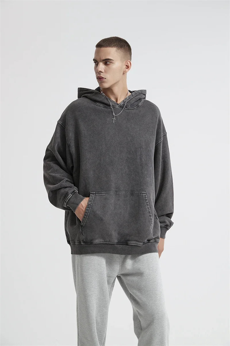 2024 Autumn Winter Men 420gsm Hoodies Streetwears High Street Heavy Weight Washed Cotton Sweatshirts Brand Tracksuit