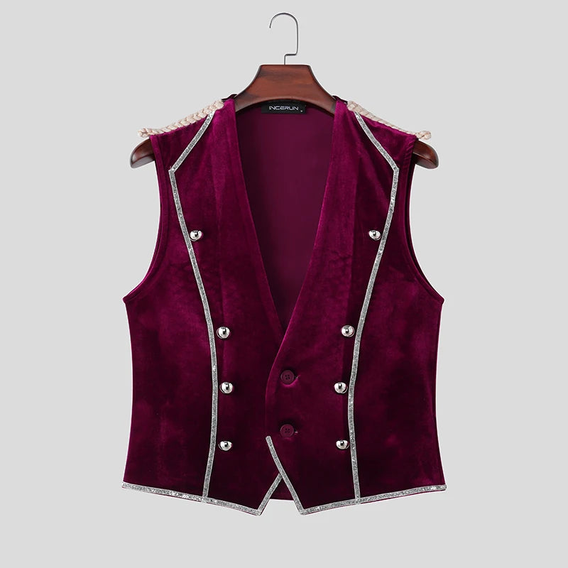 INCERUN Men's Vests Velour Patchwork Lapel Sleeveless Button Male Waistcoats Elegant Streetwear Fashion Casual Vests For Man