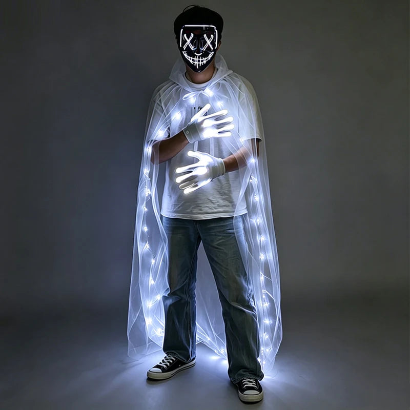Wireless LED Neon Purge Mask & Fiber Optic Gloves, Scary Glow In Dark Mask for Halloween Carnival Cosplay Bar Birthday Party