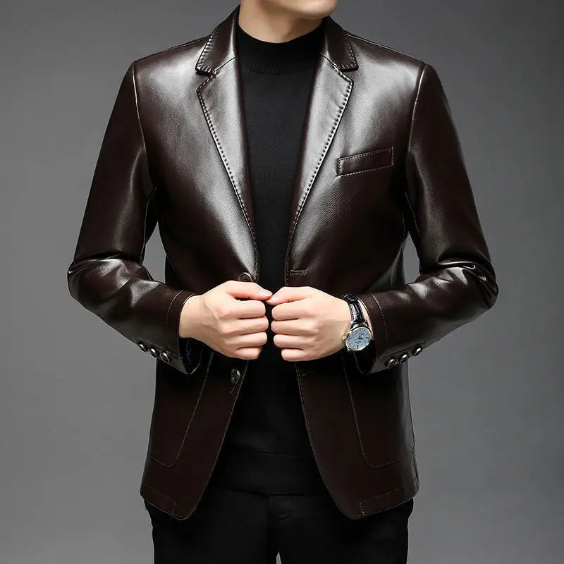 Autumn Winter Male Korean Fashion Casual PU Leather Jacket Hombre Thick Warm Add Velvet Buttos Coat Men All-match Outwear Top