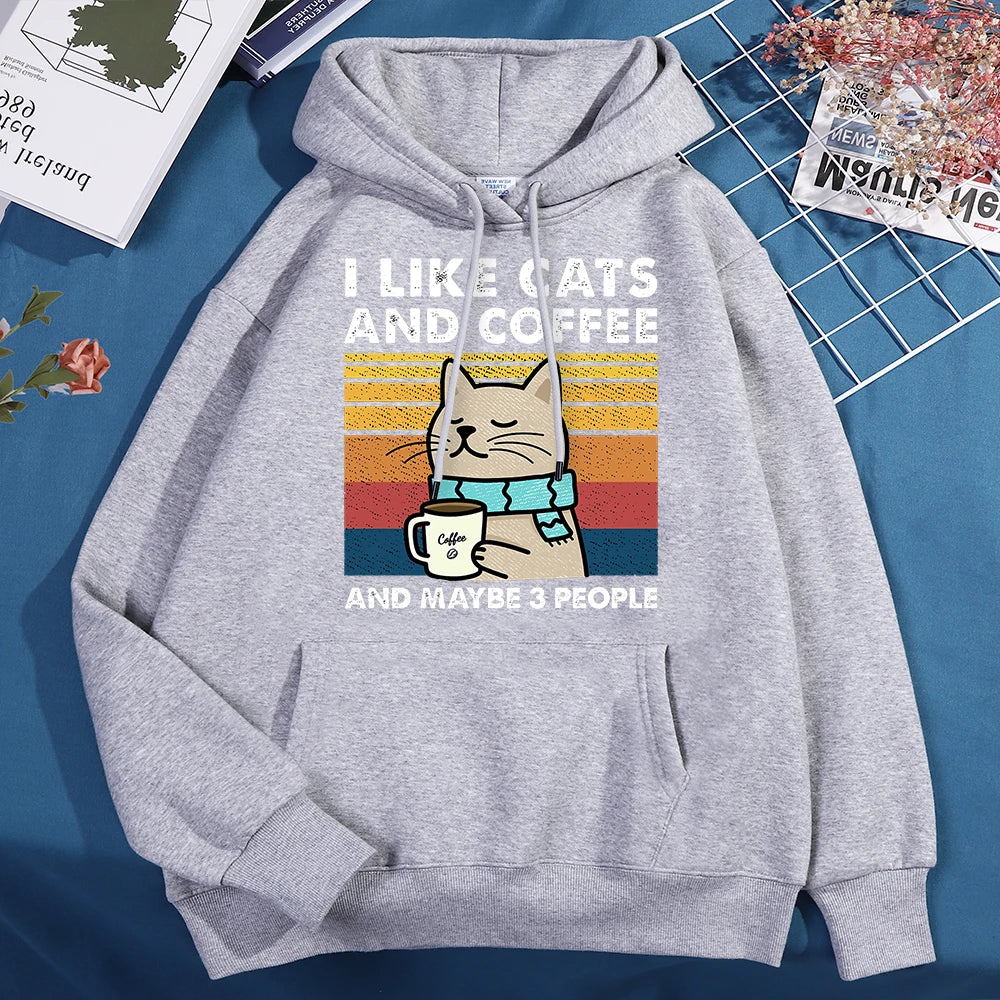 I Like Cats And Coffee Hoodies For Men Women Fashion Crewneck Clothes Loose Fleece New Hoodies Street Pullover Man Sweatshirt