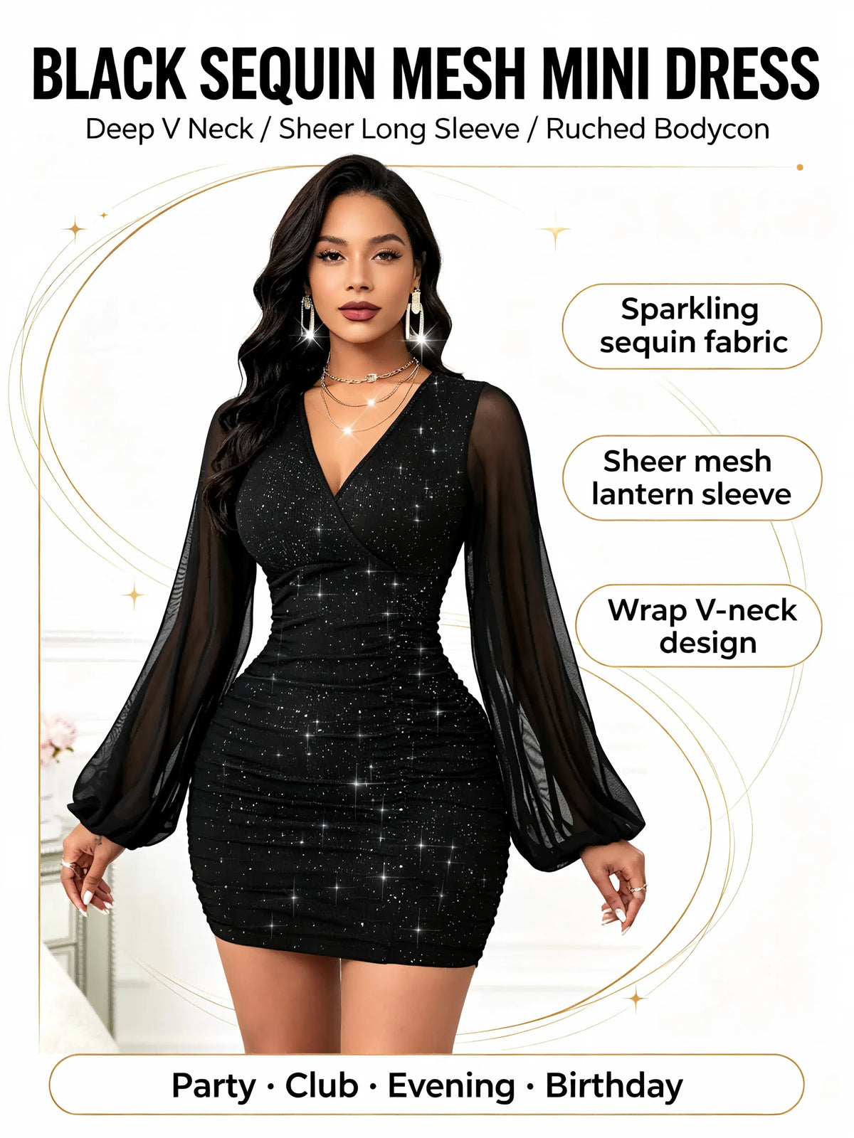 Women Sexy Elegant V-Neck Lantern Sleeve Mesh Patchwork Ruched Bodycon Sparkly Dress Black