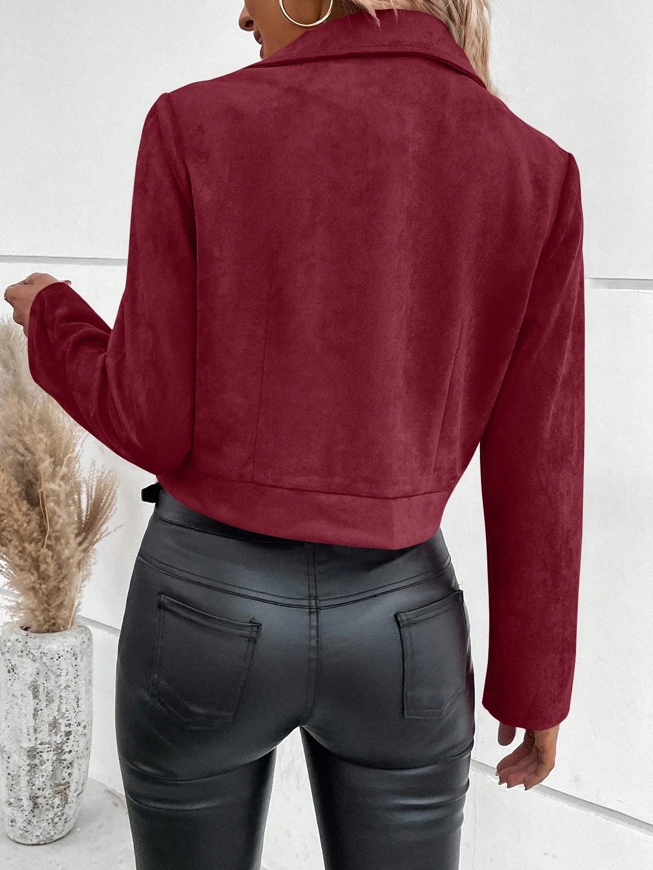 Women's Suede Faux Leather Jacket Autumn Zip-Up Moto Short Coat Lapel Collar Slim Fit Winter Outer Streetwear Casual Wear