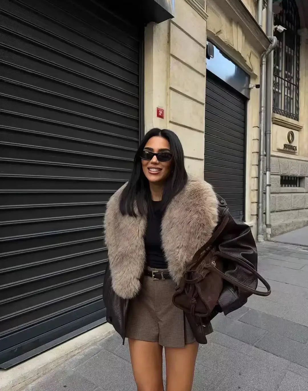 Women Fur Collar Faux Leather Jacket Pebbled Pu Cropped Coat Double Breasted Epaulet Loose 2026 Vintage  Autumn Trendy Outerwear