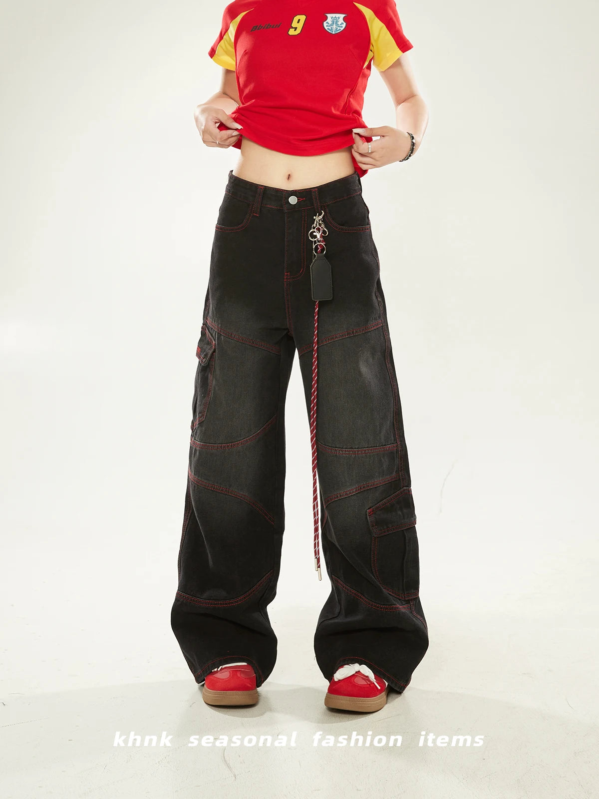 Washed Vintage American High Street Loose Women's Jeans with Patchwork And Stitching Design Casual Wide Leg Workwear Trousers