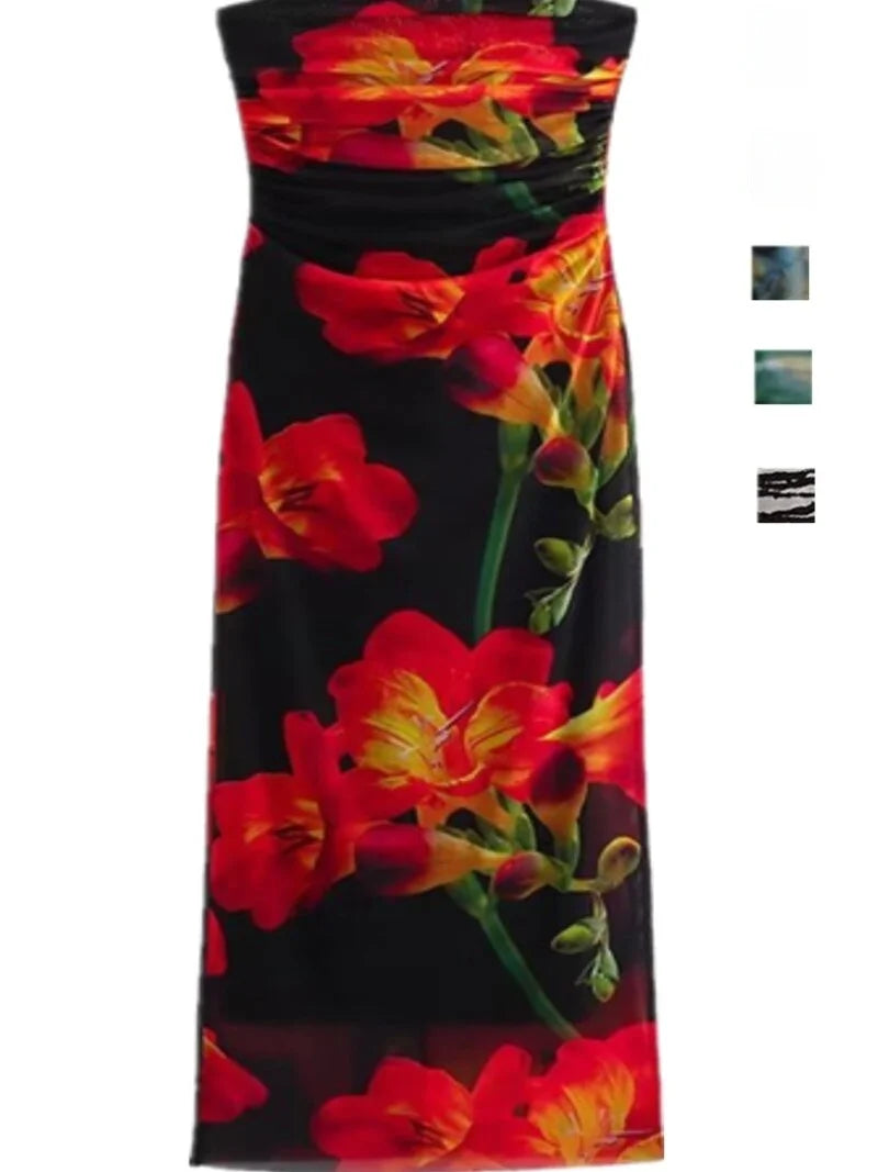 Sexy Strapl Pleated Slim Fit Print Dr Street Sle One oulder Net Wrap around Bodycon Long Skirt for Women Summer 2024