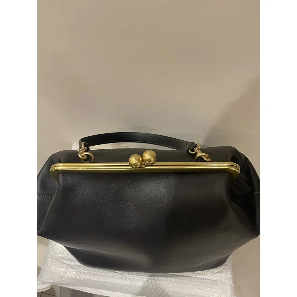 LOST IN VINTAGE Artificial Leather Soild Bag Large Balls Kiss-lock Large Big Clutch Handbag Proudly Carried In Hand 35x30x20cm