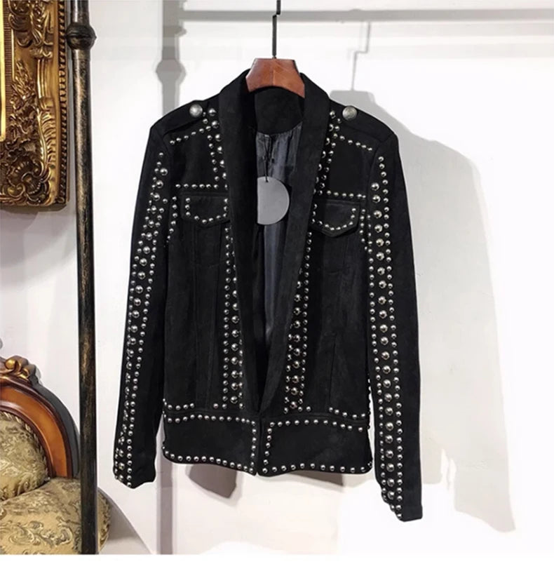 Mauroicardi Spring Autumn Cool Studded Short Black Faux Suede Leather Jacket Men Luxury Designer Emo Night Club Wear Clothes