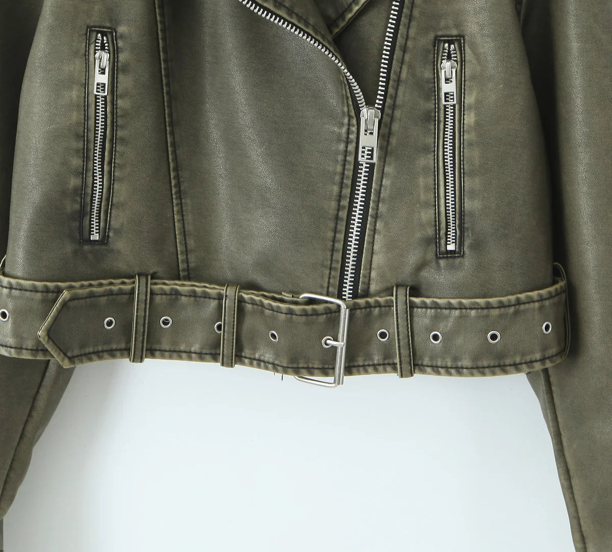 Women Autumn Winter Loose Gray PU Faux Leather Short Jackets Belt Female High Street Zipper Retro Moto Biker Coats Outwear XS-XL