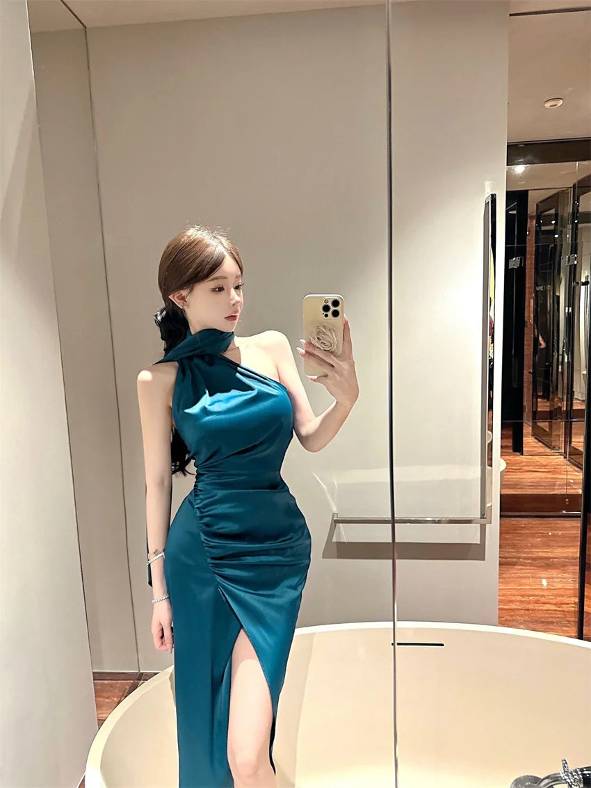 Summer Korean Fashion Sexy Club Robe Women's Sleeveless Irregular High-slit Bodycon Dress Elegant High End Party Evening Dress