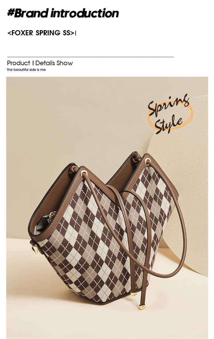 FOXER Brand Chic Women's Shoulder Bag 2026 New Spring Summer Luxury Design Female Handbag Purse Fashion Large Plaid Tote Bag