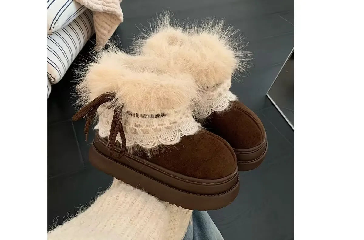 Korean Style Lace Snow Boots 2025 Winter Plush Warm Short Boots Girls Sweet Thick Bottom Casual Boots Students Cotton Shoes