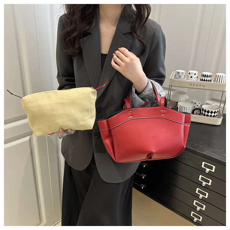 Solid Color Soft Leather Handbag Women Single Shoulder Tote Bag, Large Capacity Commuting Set Handbags Shopping Cross Body Bags