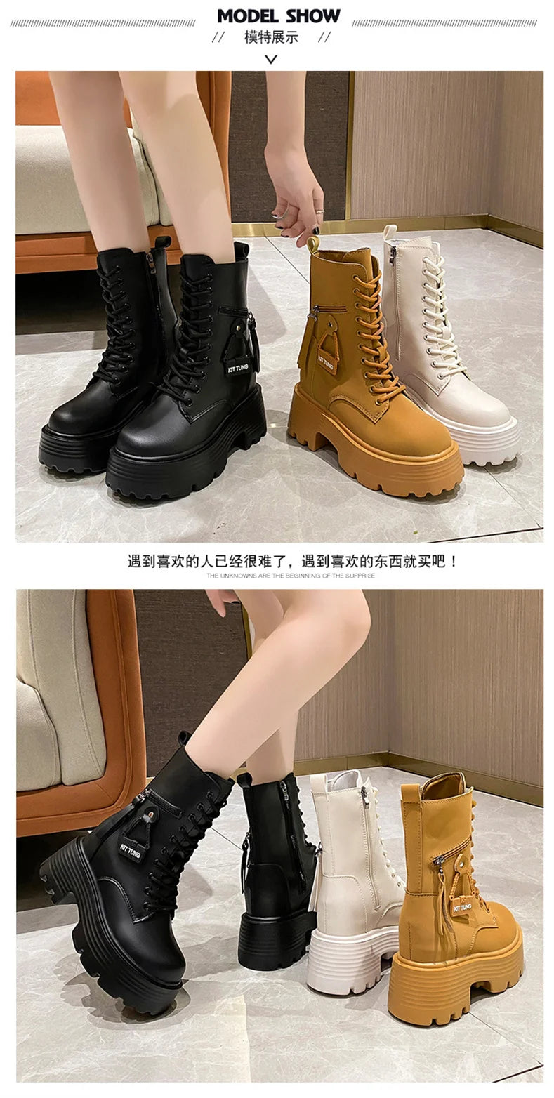 New 2023 Autumn Platform Mid-calf Boots  Women Thick Sole Winter Leather Punk Shoes Chunky Motorcycle Boots Woman