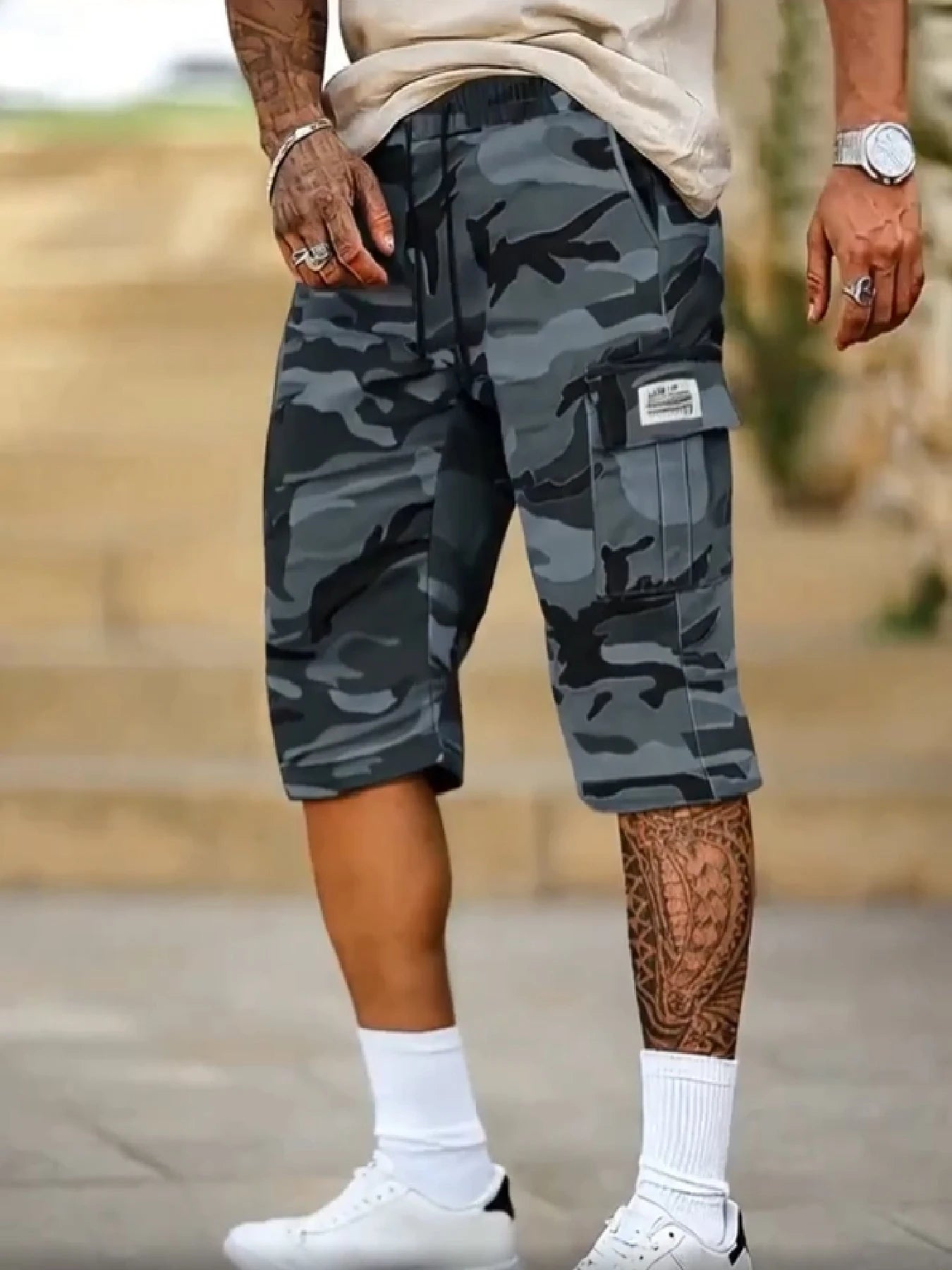 Men's Casual Cargo Shorts — All-Over Print, Non-Stretch Woven Fabric. Features a Dual Elastic Waistband and Drawstring Design; A