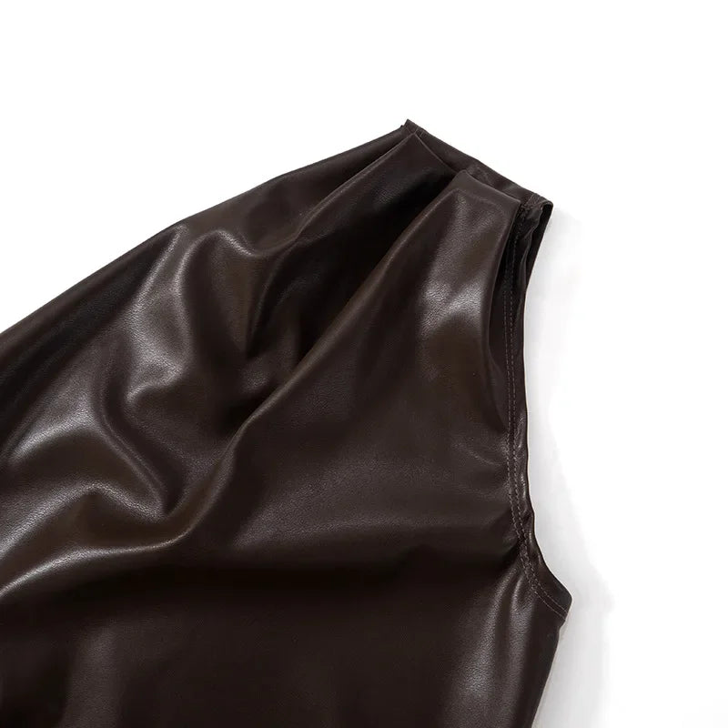 PixieKiki Fashion PU Leather Sleeveless T Shirts Side Zipper One Shoulder Asymmetrical Tops Women Clothing Fall 2024 C85-CA12