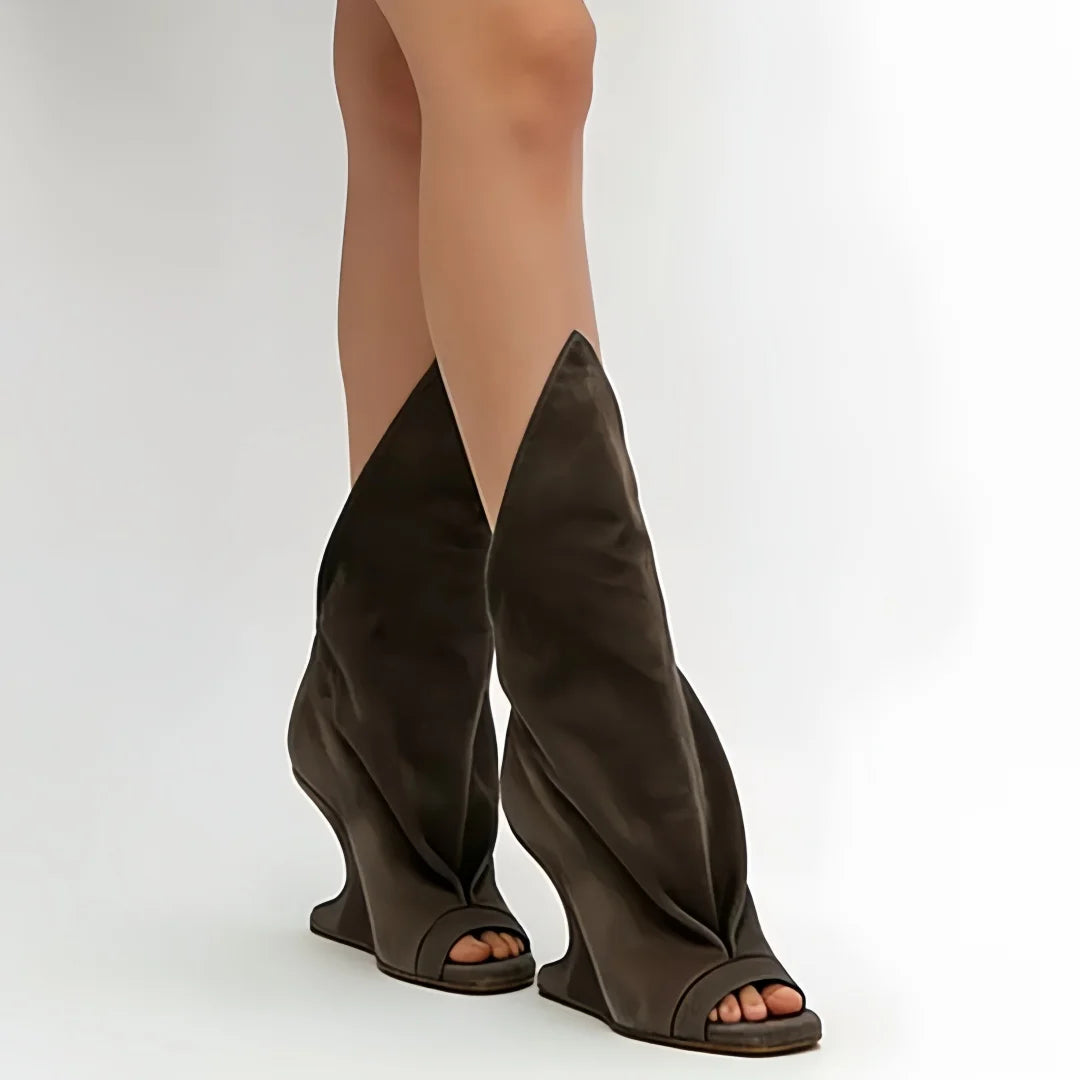 Runway Style Women Peep Toe Tall Boots Sculptural Wedge Heel Draped Pleated Upper Trendy Evening Statement Fashion Footwear