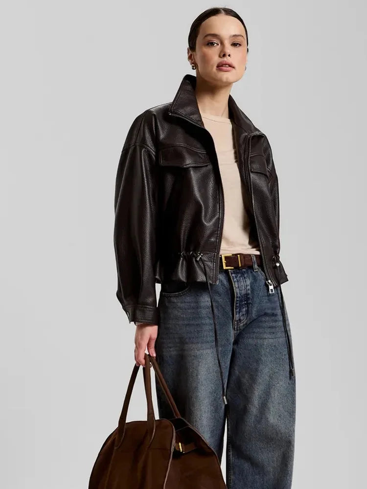 LGRQ Stand‑Collar Long Sleeve Biker Faux Leather Jacket Women Vintage Drawstring Waist Cropped Outerwear 2026 Autumn 19DB3772