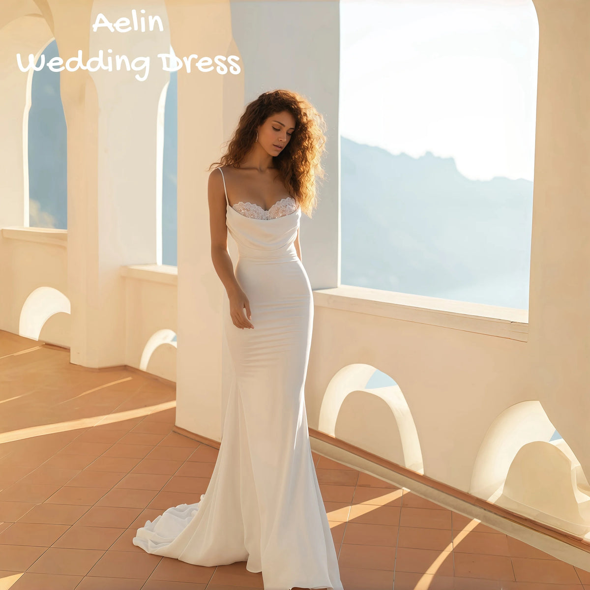 Aelin Customized Elegant Luxury Wedding Dress Spaghetti Straps Cowl Neck Lace Insert Illusion Back Satin Mermaid Bridal Gowns