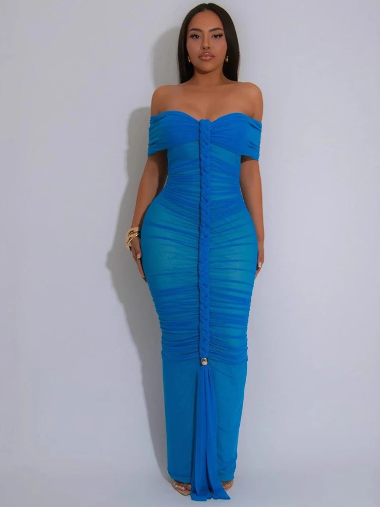 Off The Shoulder Dresses for Woman Transparent Mesh Long Summer Dress Sexy Draped Skinny Dress Evening Wholesale Dropshipping