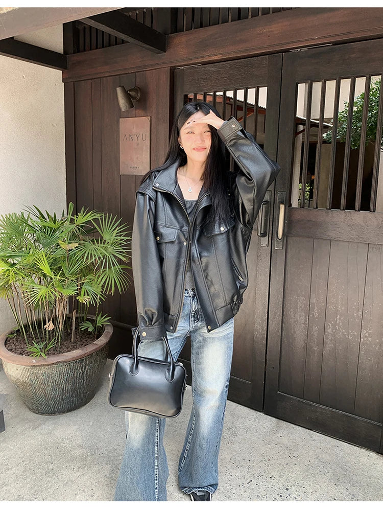 Lautaro Spring Winter Cool Oversized Thicken Warm Black Hard Pu Leather Jacket Women Long Sleeve High Quality American Clothing
