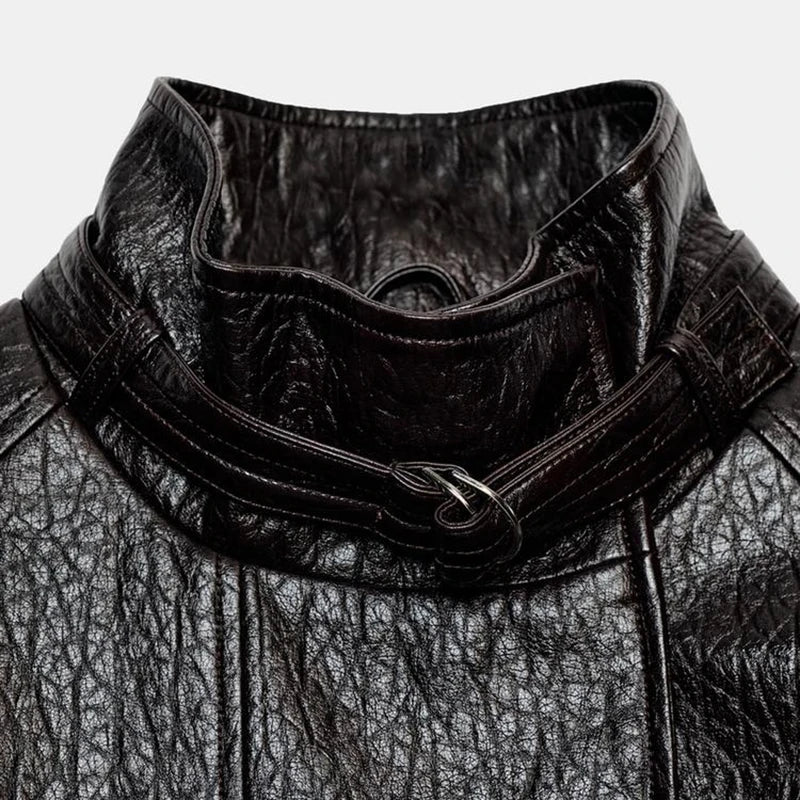 Casual Leather Jackets Women High Neck Long Sleeves Single Breasted Belts Loose Pu Coats Female 2026 Autumn New Chic Outwears