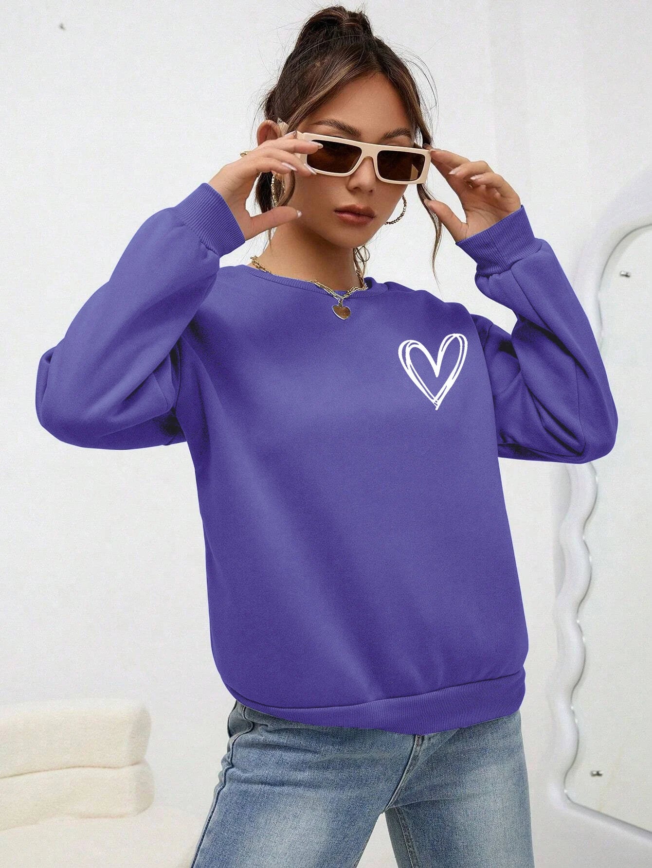 Simple Heart Pattern Printing Sweatshirts For Womens Casual Comfortable Crewneck Hoodies Loose Fleece Warm Sportswear Clothes