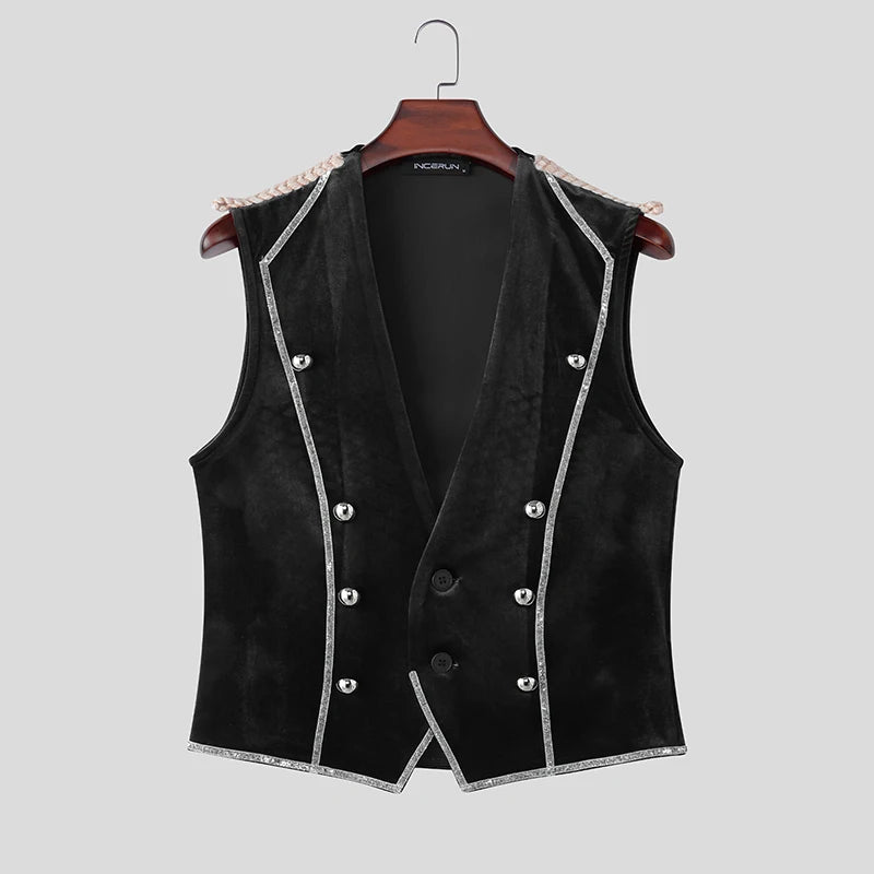 INCERUN Men's Vests Velour Patchwork Lapel Sleeveless Button Male Waistcoats Elegant Streetwear Fashion Casual Vests For Man