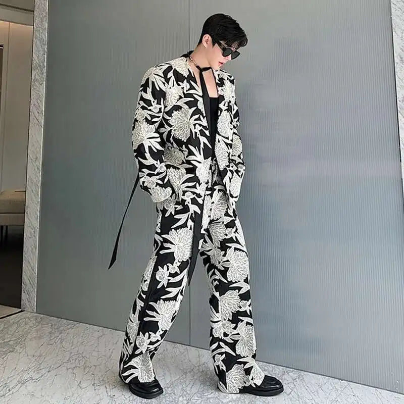 IEFB Niche Design Men's Two-piece Collarless Embroidery Blazer Loose Straight Suit Pants Contrast Color Male Sets New 9C7485