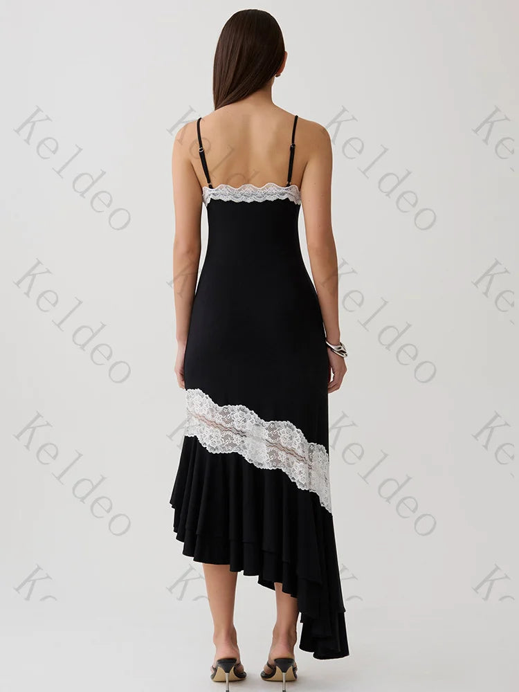 Customized Spaghetti V-neck Sleeveless Mermaid Evening Dresses Patchwork Lace Ruffles Draped Open Back Ankle Length Prom Party