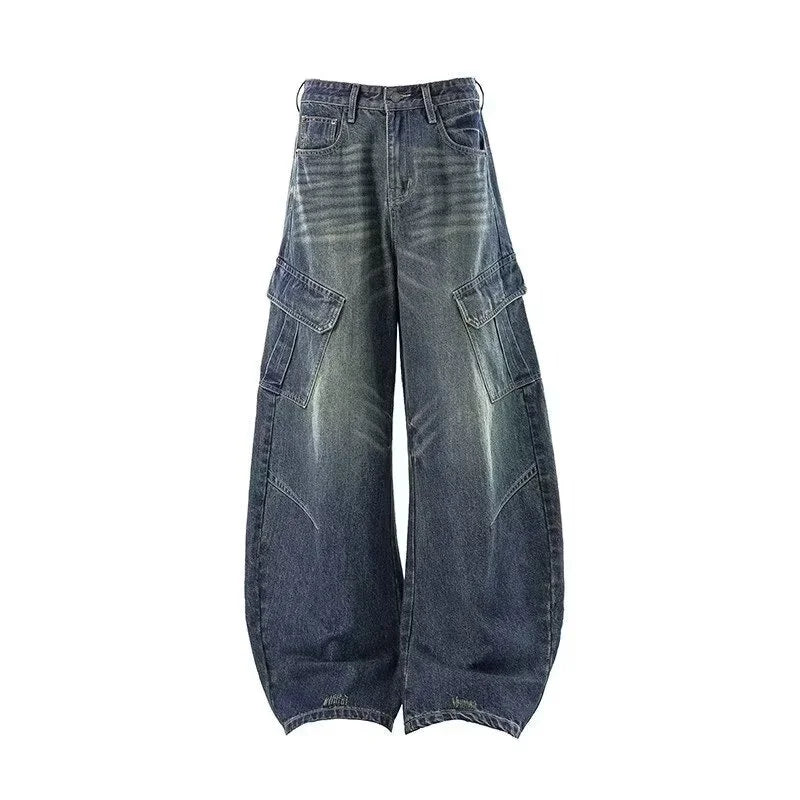 Autumn Men's Hip Hop Fashion Pockets Baggy Jeans High Street Vintage Straight-Leg Denim Pantalones Harajuku Y2K Blue Cargo Jean