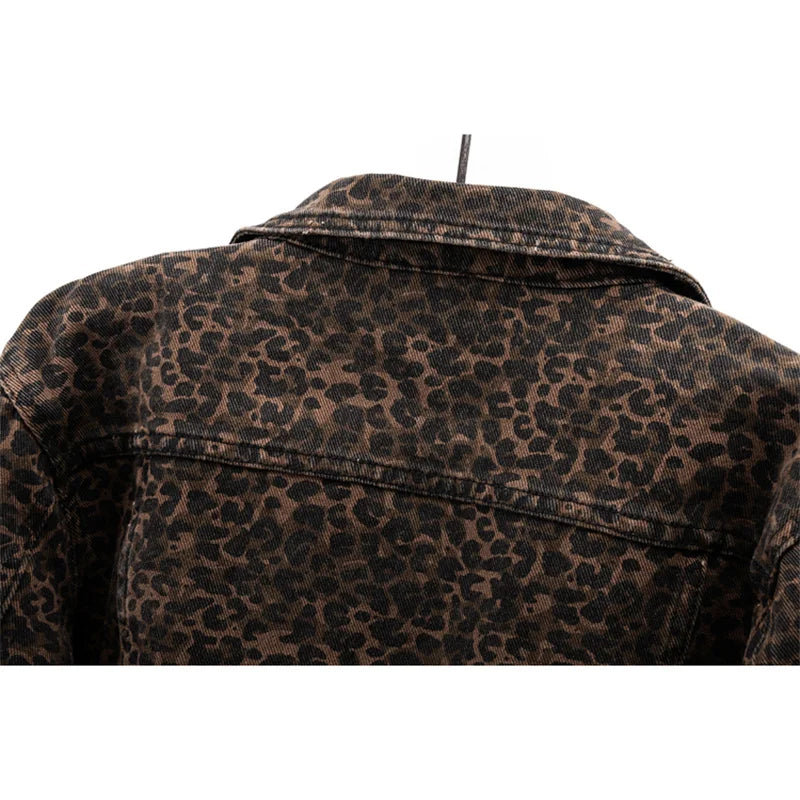 Autumn Vintage Leopard Print Slim Short Denim Jacket Women Cowboy Outerwear Chaquetas Mujer Casual Zipper Jeans Jackets Female