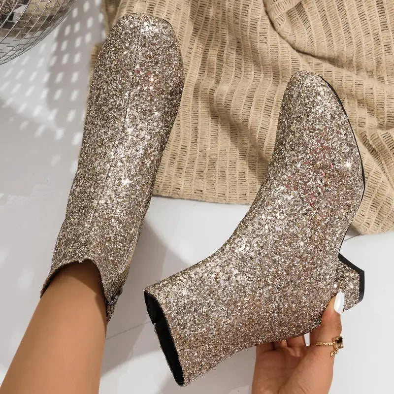Luxury Sequin Fabric Ankle Boots Women 2026 Autumn Designer Square Toe Side Zip Short Boots Sexy Shiny Medium Heel Party Shoes