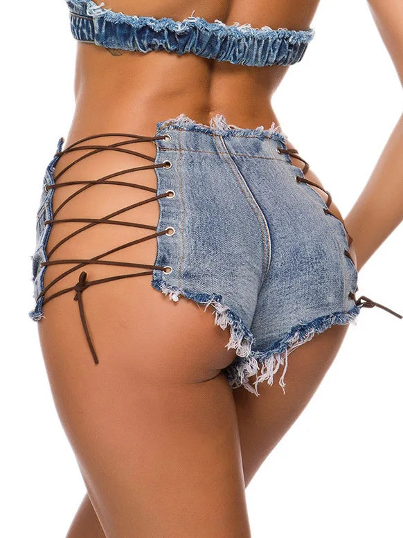 Sexy Hollow Out Lace-up Patchwork Cloth Ultra-short Shorts Ladies Nightclub Wear Women High Waist Denim Three Quarter Pants New