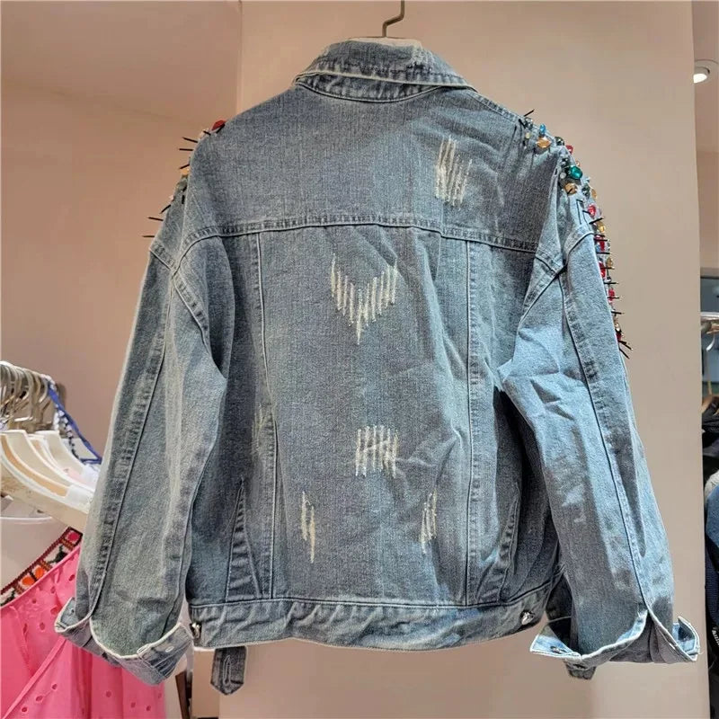 European and American style heavy industry embroidery splicing denim jacket 2025 new print loose casual denim women's jacket top