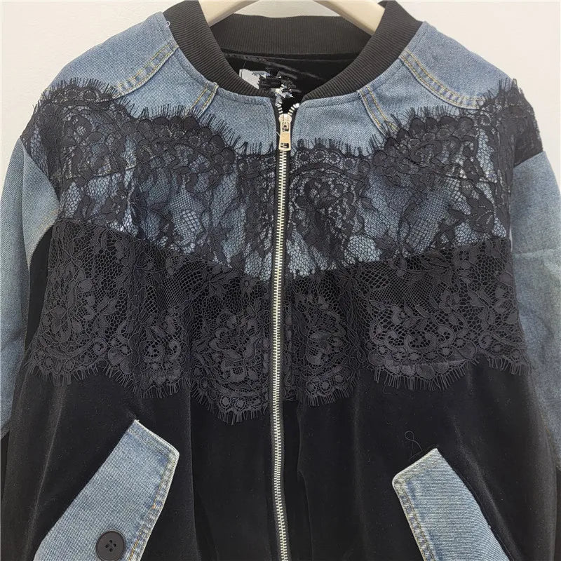 Spring New Fashion Stitched Lace Loose Velvet Denim Jacket Trendy Personality Street Casual Versatile Baseball Jackets Women