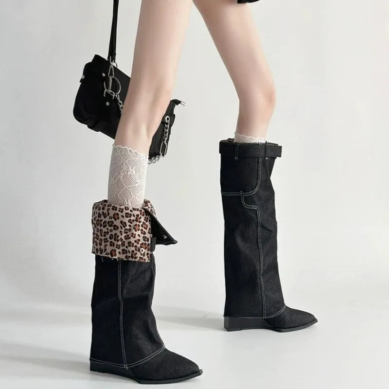 Lace-up Trouser Leg Boots for Women, Pointed Toe, Long Boots with Platform Heels