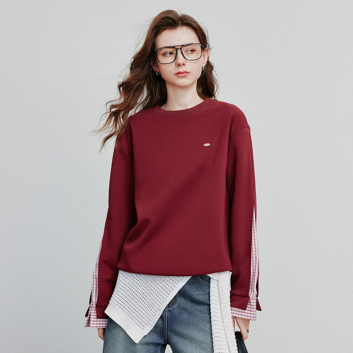 TOYOUTH Women Hoodies Sweatshirt 2025 Autumn New Patchwork Design Round Neck Long Sleeve Pullover Casual Tops