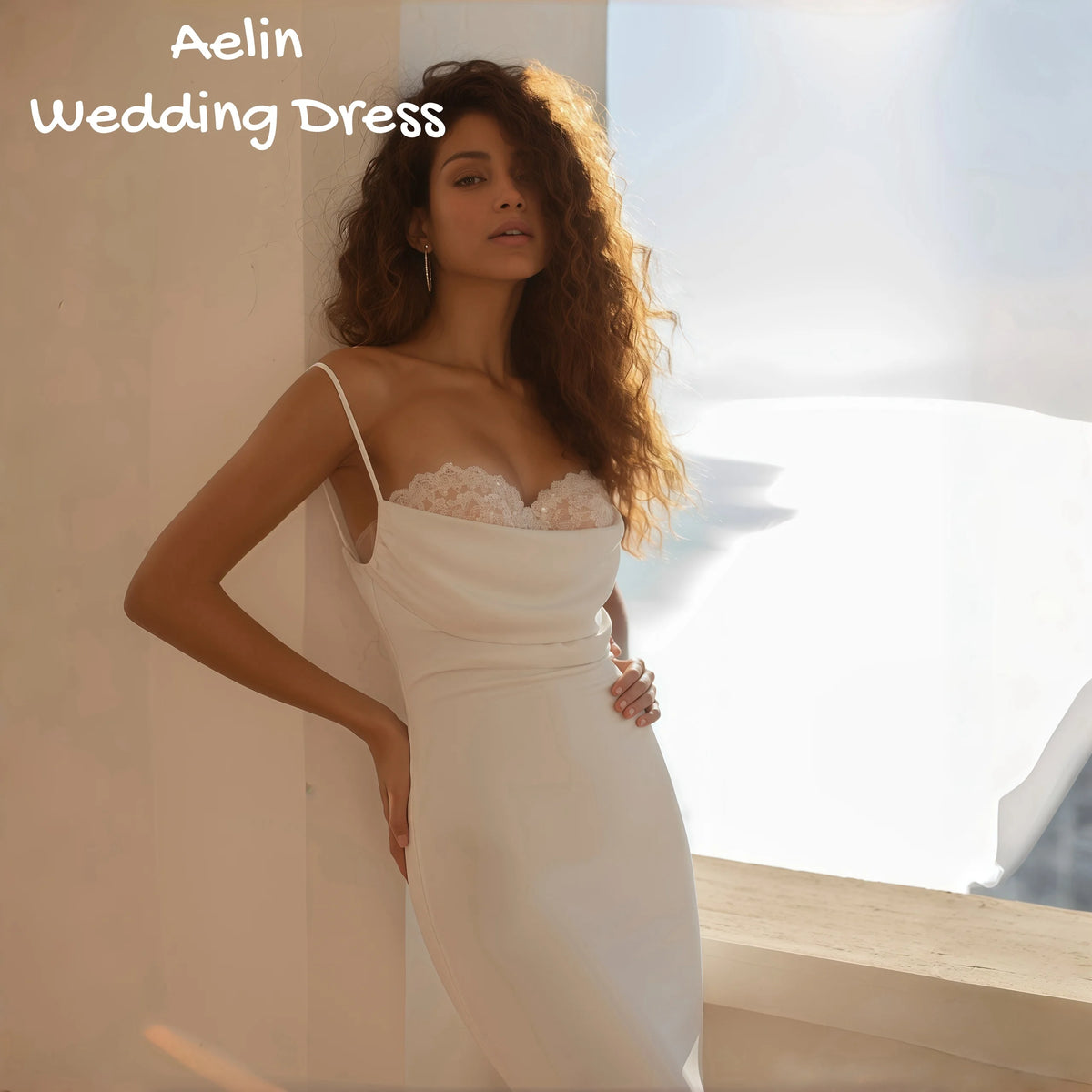 Aelin Customized Elegant Luxury Wedding Dress Spaghetti Straps Cowl Neck Lace Insert Illusion Back Satin Mermaid Bridal Gowns