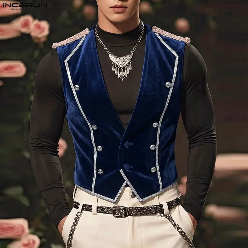 INCERUN Men's Vests Velour Patchwork Lapel Sleeveless Button Male Waistcoats Elegant Streetwear Fashion Casual Vests For Man