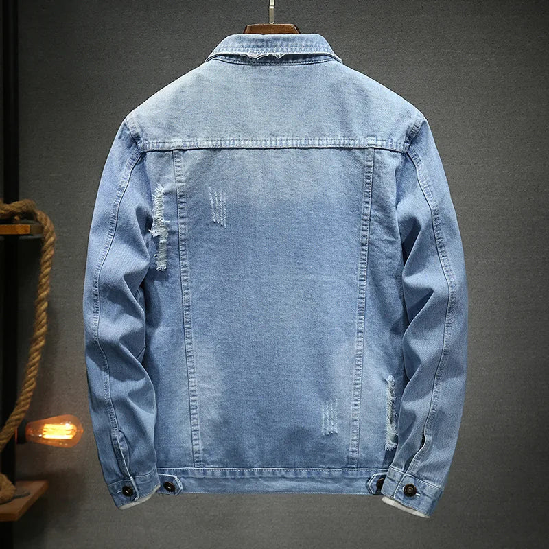 QICHE New Spring Autumn Men Light Blue Slim Denim Jacket Distressed Ripped Casual Outerwear