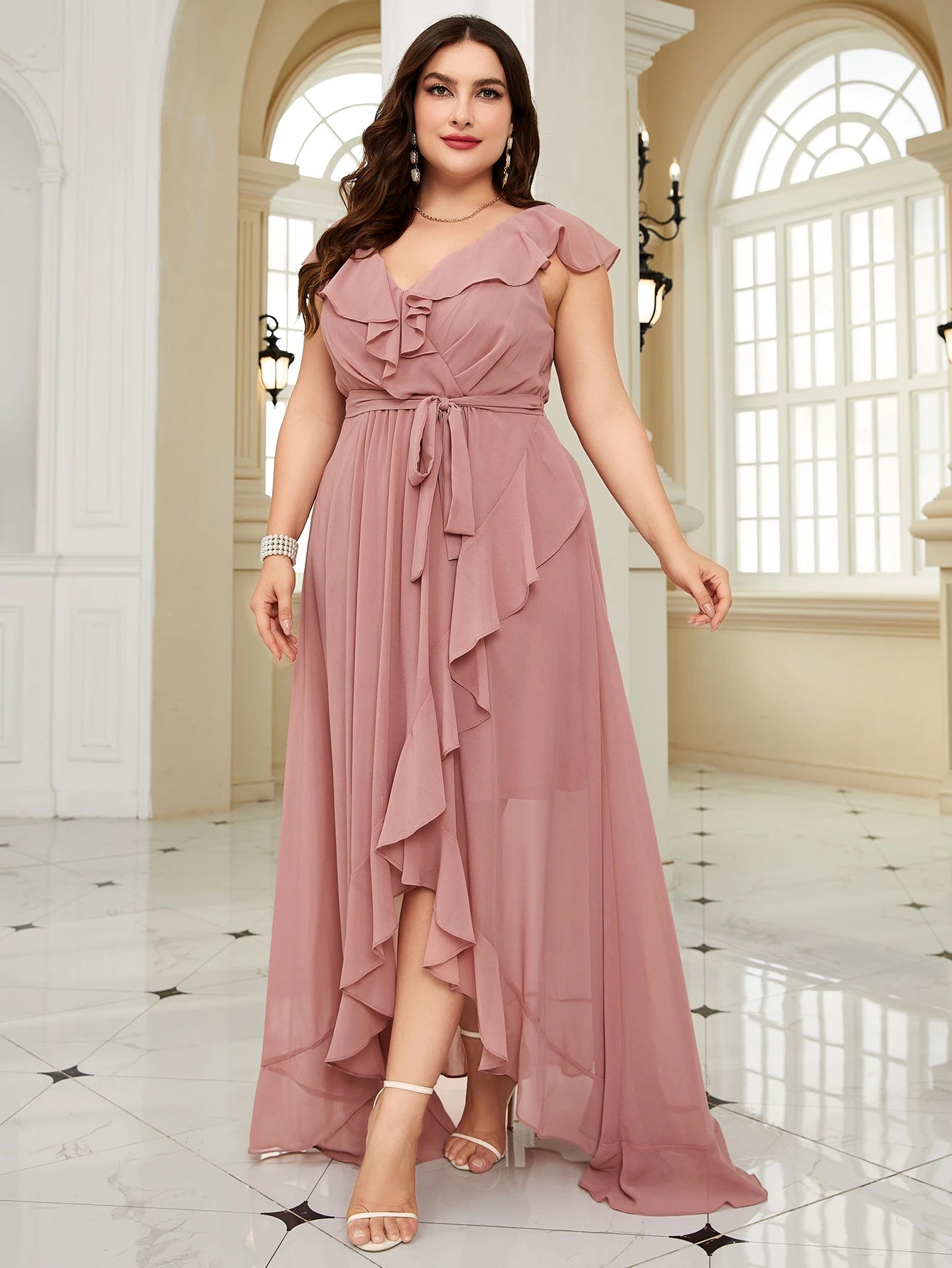 Unithorse Plus Size Women Summer Asymmetric Ruffle Lace Dress With Waist Belt Elegant Chiffon Formal Bridesmaid Dress