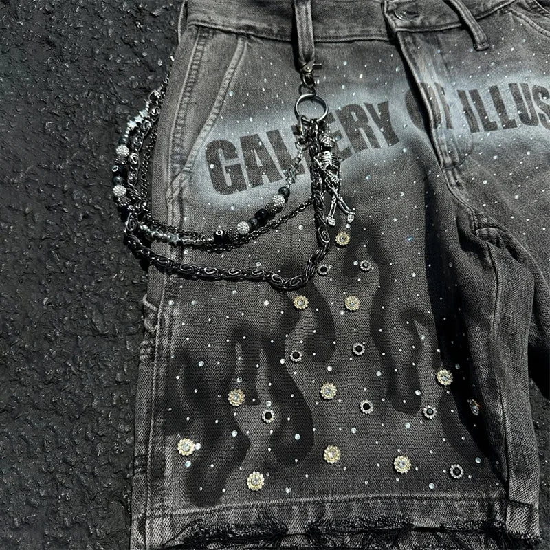Y2K Fashion Distressed Jeans Retro Rhinestone Flame Pattern Printing Casual Washed Denim Shorts Men Women High Waist Streetwear